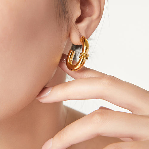 B廠-歐美INS網紅設計感耳飾鈦鋼鍍金麻花耳圈編織粗款U形耳環「F1549」24.06-2