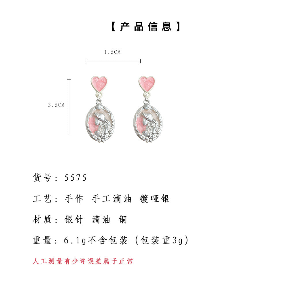 A廠-文藝復古美人頭像琺瑯滴油粉色少女心耳飾新款耳環飾品「5575」25.02-3