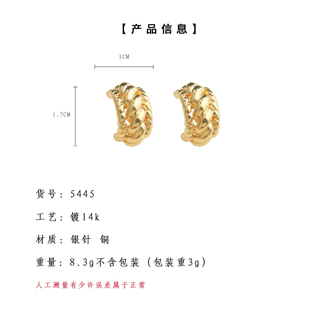 A廠-高級感925銀針鍍14K簡約通勤百搭麻花C形幾何輕奢風耳飾 工廠耳環批發「5445」25.01-2