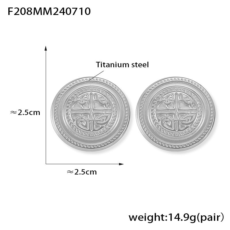 B廠-歐美重工中古vintage冷淡風圓牌耳釘復古設計鈦鋼鍍金百搭耳飾「F208」24.07-3