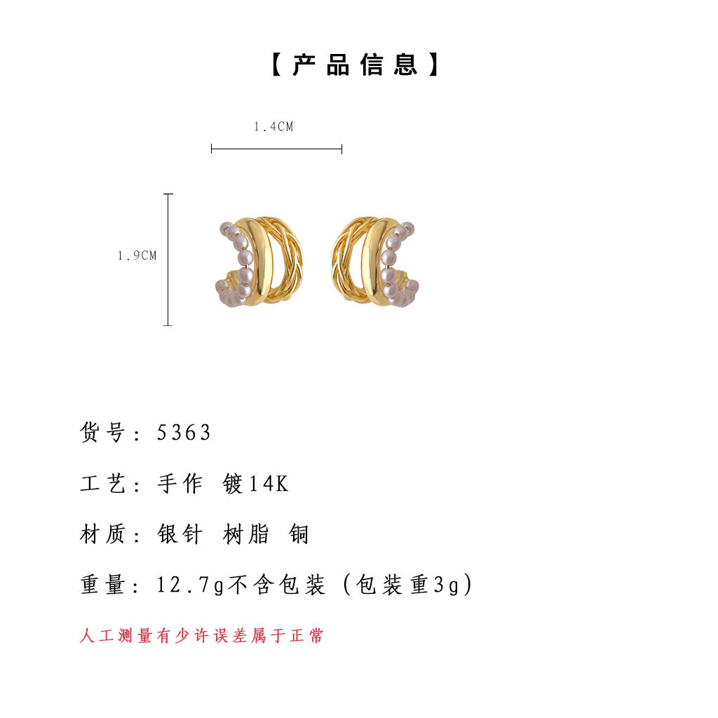 A廠-外貿熱銷新品黃銅18K真金耳環復古風不規則C形鑲珍珠配件設計耳環「5363」25.01-1