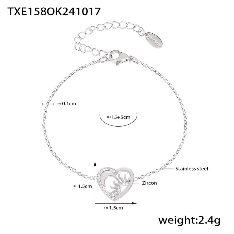 B廠-太陽月亮心形鋯石吊墜質感項鍊手鍊套裝不鏽鋼不褪色飾品女「TXP158-TXE158」24.10-4
