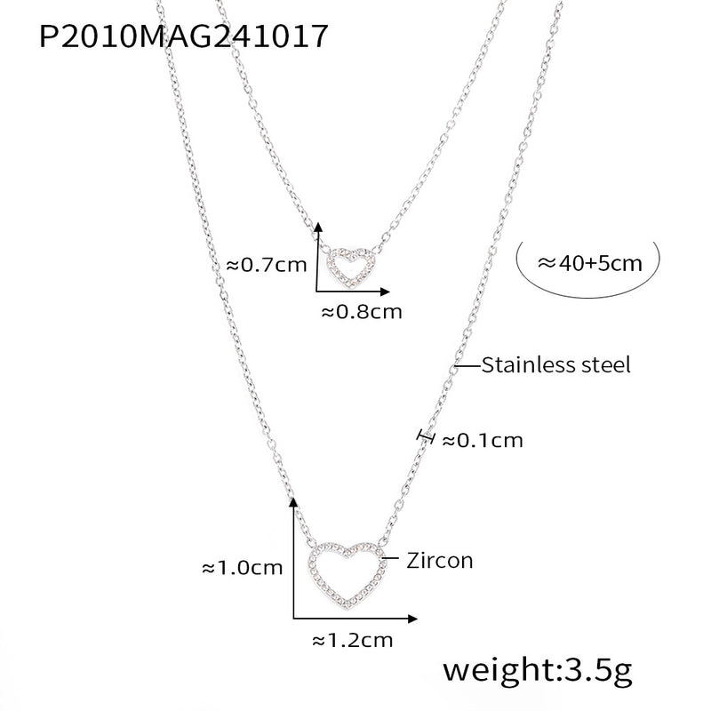B廠-英國時髦雙層愛心CNC鑲嵌鋯石不鏽鋼輕奢創意質感項鍊項飾「P2010」24.10-4