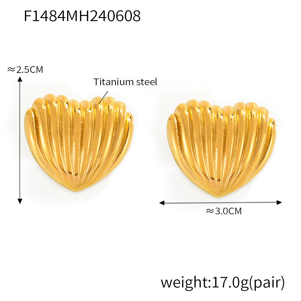 B廠-簡約優雅氣質甜美愛心耳飾幾何竪條紋設計感鈦鋼鍍真金耳釘「F1439」24.12-4