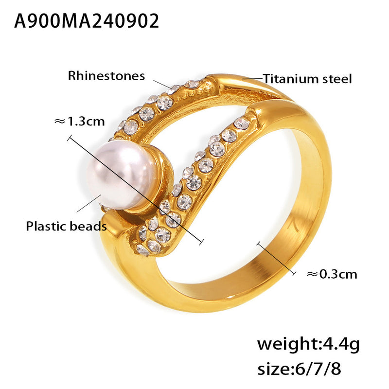 B廠-時尚氣質仿珍珠鑲水鑽食指戒鈦鋼ins風戒圈指環輕奢感送女友禮物「A900」24.09-3