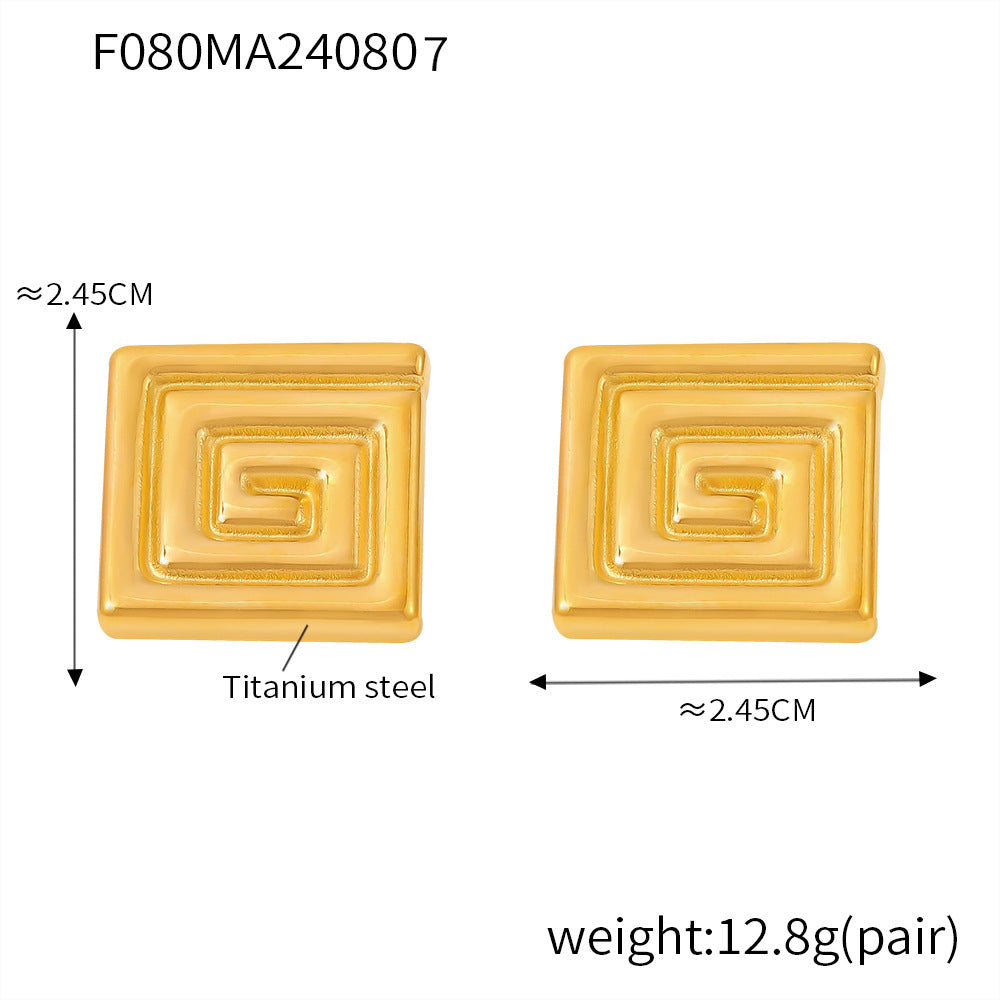 B廠-歐美ins風小眾設計感回旋紋方塊鈦鋼耳環戒指輕奢感18k鍍真金批發「TXA080-TXF080」24.08-3