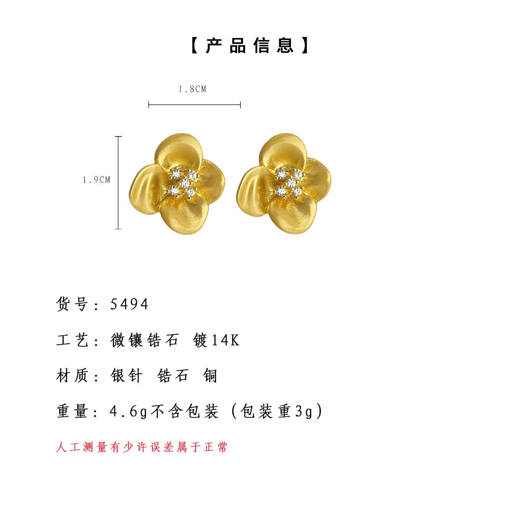 A廠-高級感微鑲鋯石925銀針鍍14K啞光花朵耳環2025年新款耳飾工廠飾品「5494」25.02-1