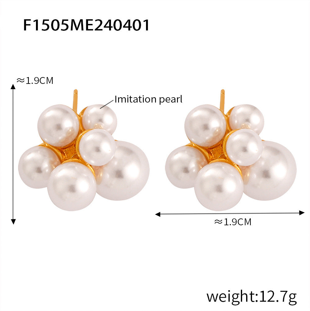 B廠-溫柔氣質花簇大小貝珠圓球耳釘女韓版輕奢復古時尚個性鈦鋼耳環「F1505」24.04-2