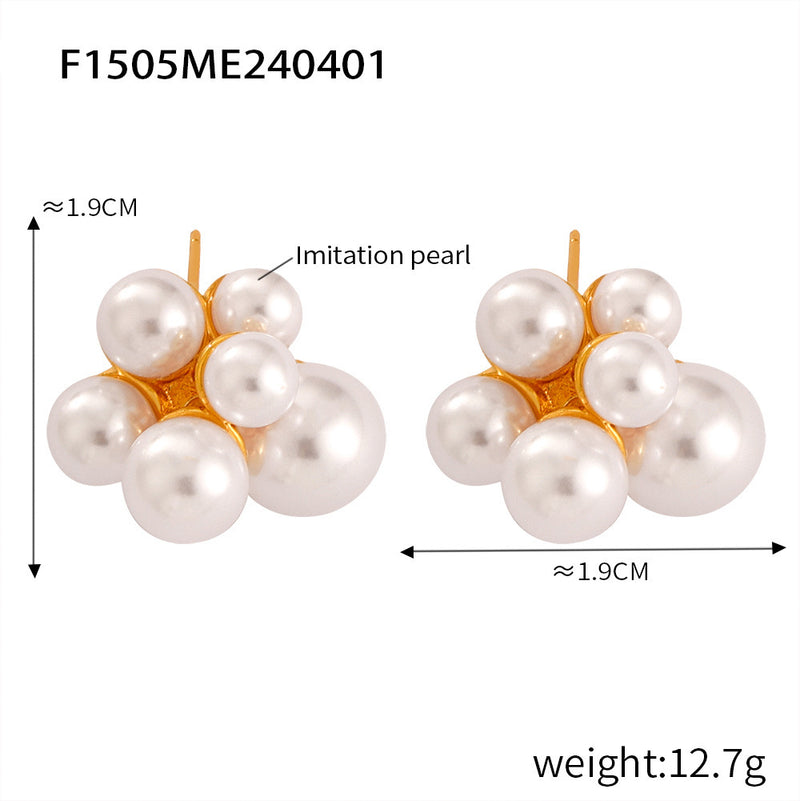 B廠-溫柔氣質花簇大小貝珠圓球耳釘女韓版輕奢復古時尚個性鈦鋼耳環「F1505」24.04-2