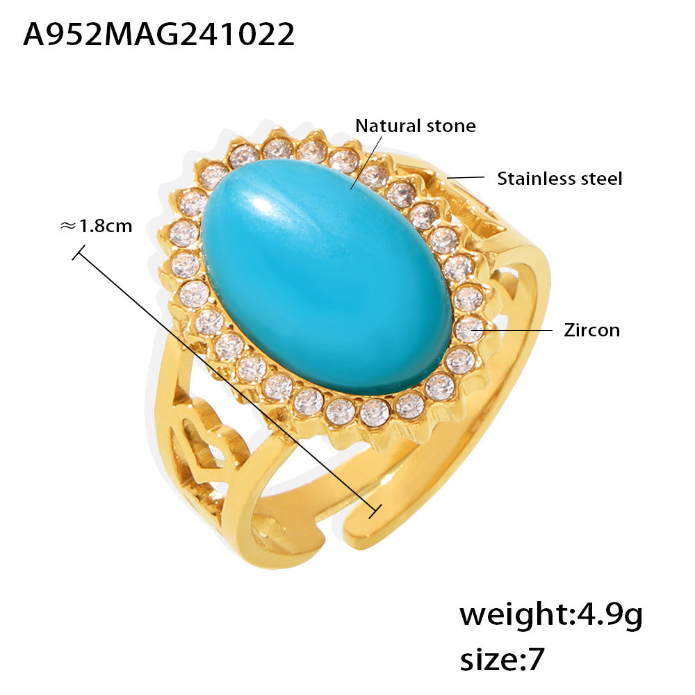 B廠-波浪鋯石橢圓天然石開口戒指不鏽鋼PVD電鍍可調節「A952」24.10-4