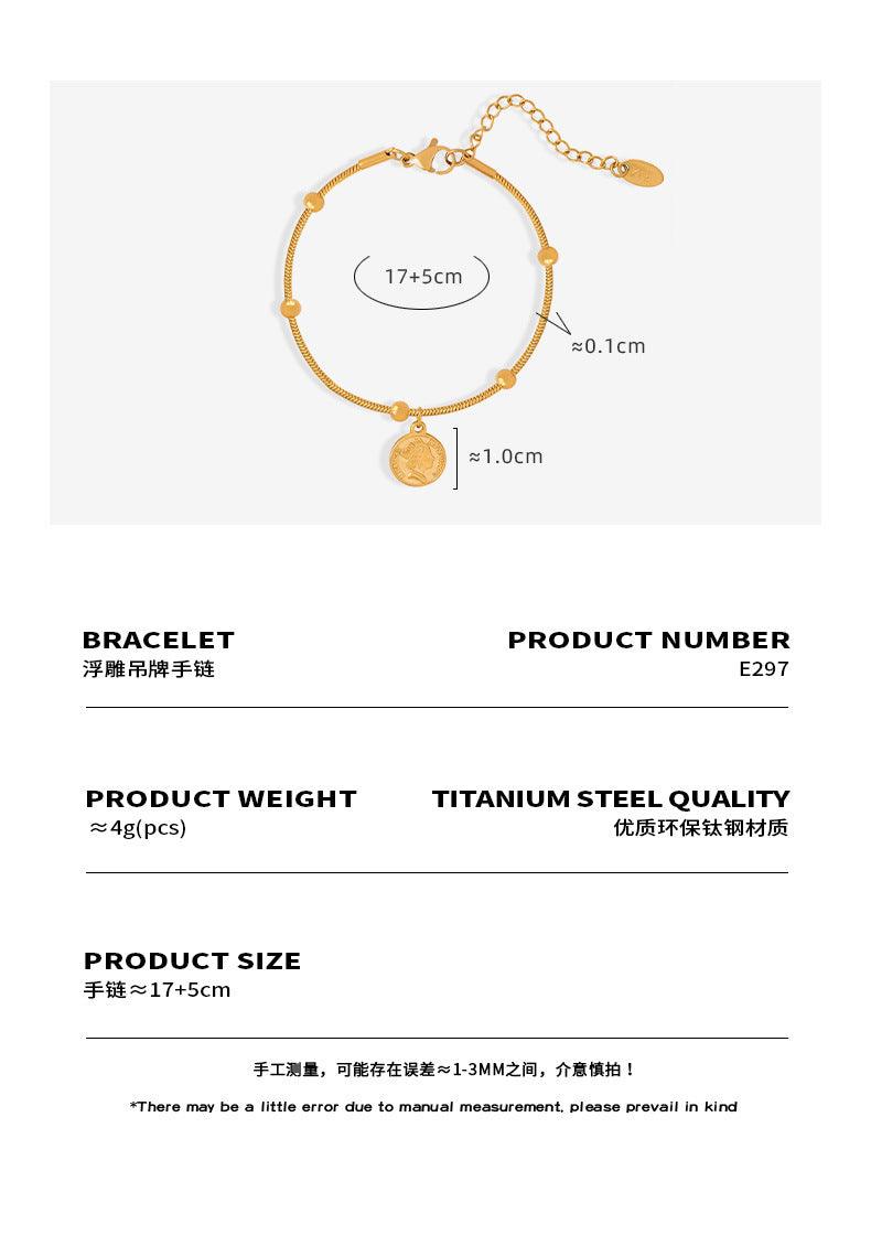 B廠-浮雕人像圓牌吊墜手鍊鈦鋼18k金圓蛇夾珠鏈百搭個性氣質鍊子飾品「E297」23.11-4 - 安蘋飾品批發