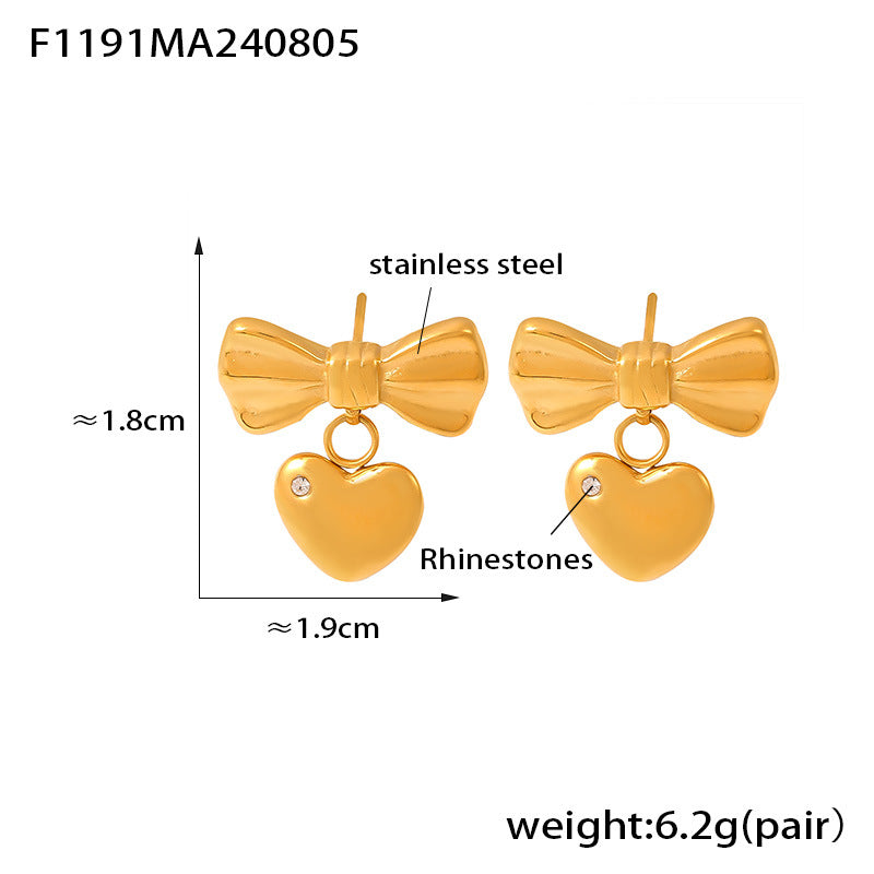B廠-跨境新款愛心褶皺蝴蝶結微鑲鑽玻璃石耳釘簡約氣質不鏽鋼鍍金耳飾「F1191-F1192-F1193」24.08-2
