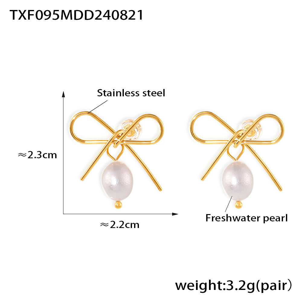 B廠-法式鏤空蝴蝶結耳釘淡水珍珠繩結項鍊不鏽鋼甜美氣質閨蜜禮物套裝「TXF095-TXP095」24.08-5