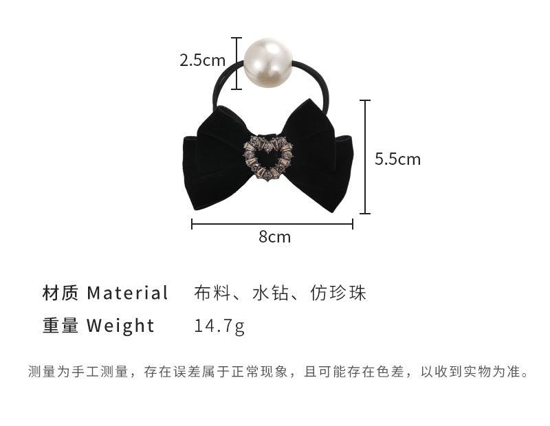 E廠-復古黑色絲絨水鑽蝴蝶結珍珠髮繩氣質優雅髮圈後腦勺低馬尾髮飾女「24476」23.11-3 - 安蘋飾品批發