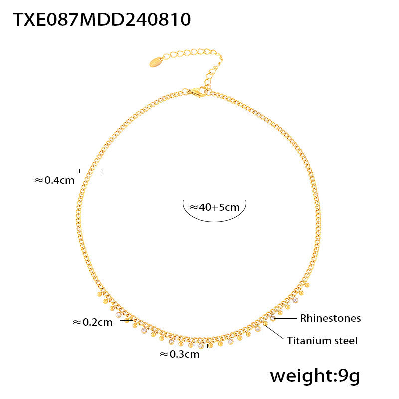 B廠-亞馬遜ins風圓珠間隔鑲鑽流蘇項鍊小眾手鍊鈦鋼鍍18k真金新款套裝「TXP087-TXE087」24.09-1