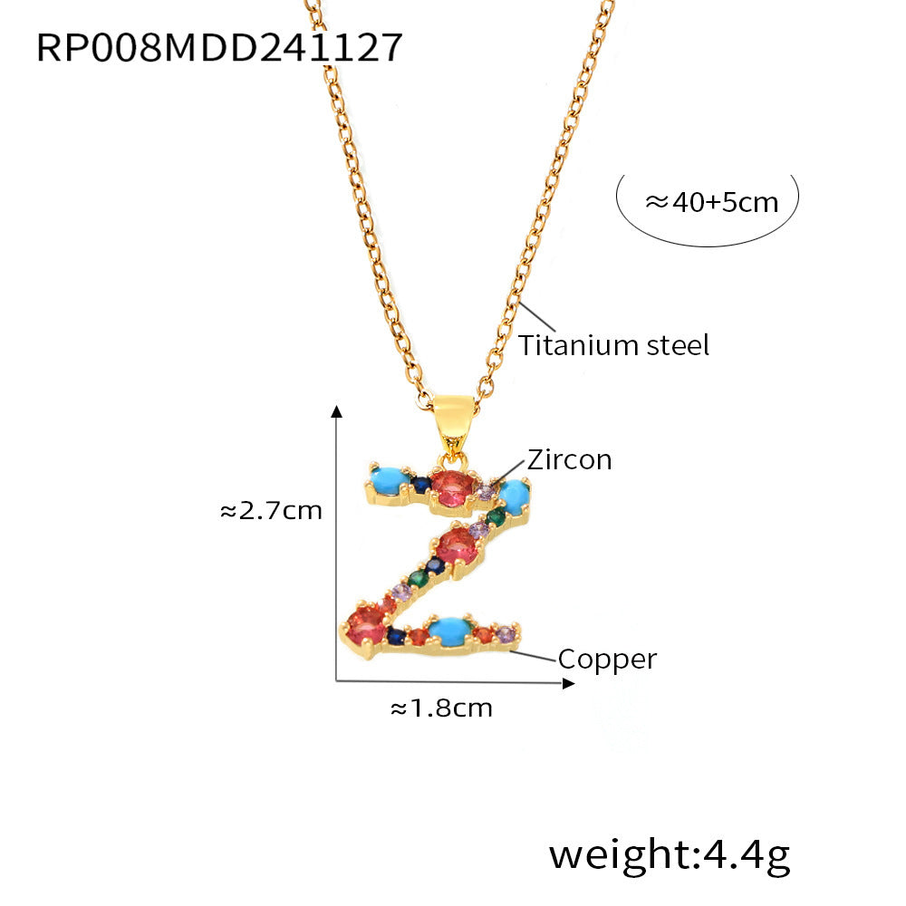 B廠-歐美跨境銅微鑲彩色鋯石26個英文字母個性吊墜小眾嘻哈鎖骨鏈現貨「RP008」24.12-2