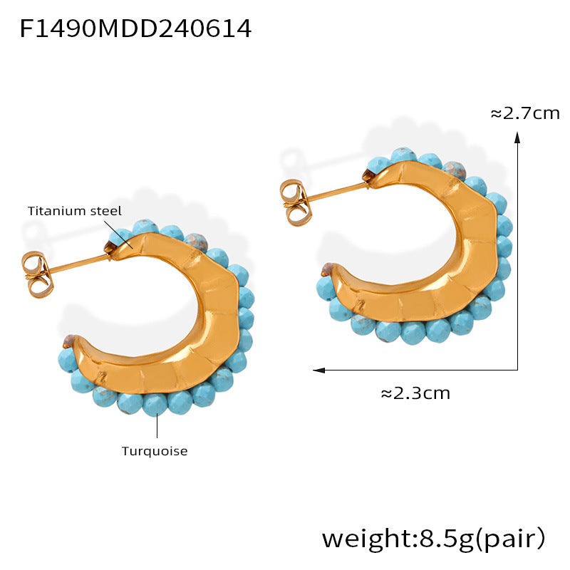 B廠-歐美復古彩色天然石手工串珠耳環時尚小眾百搭鈦鋼C型鍍18k金耳飾「F976-F1490」24.06-3