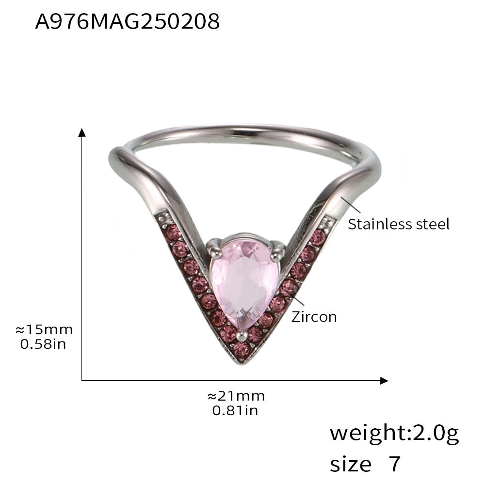 B廠-V字鑲滿鑽5A鋯石開可調節不鏽鋼戒指不掉色時尚輕奢食指戒「A976」25.02-2