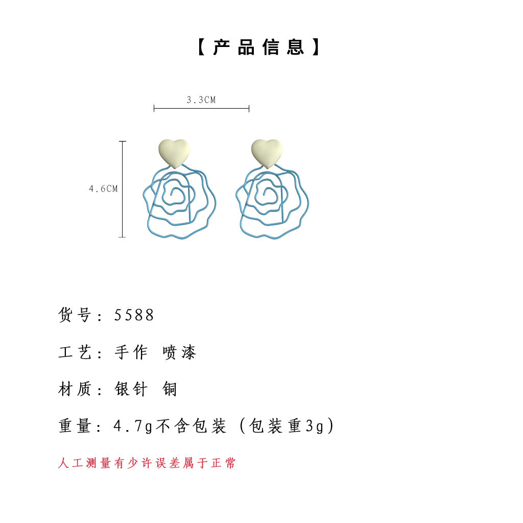 A廠-藝術氣息！鏤空烤漆誇張玫瑰花清新藍夏日新款甜美耳飾耳環女「5588」25.02-3