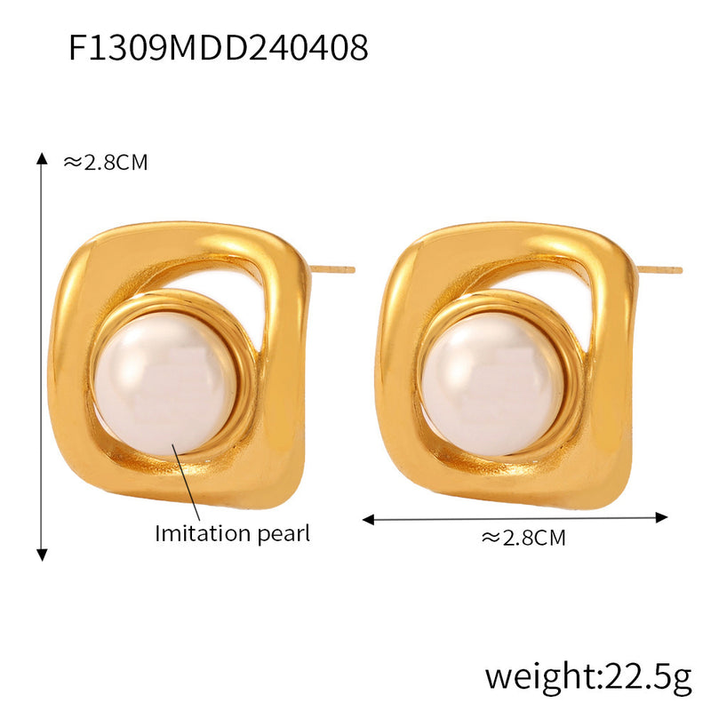 B廠-歐美幾何仿珍珠紋理鈦鋼鑄造耳環飾品百搭新款鍍18k真金保色套裝「F1305-9」24.04-2