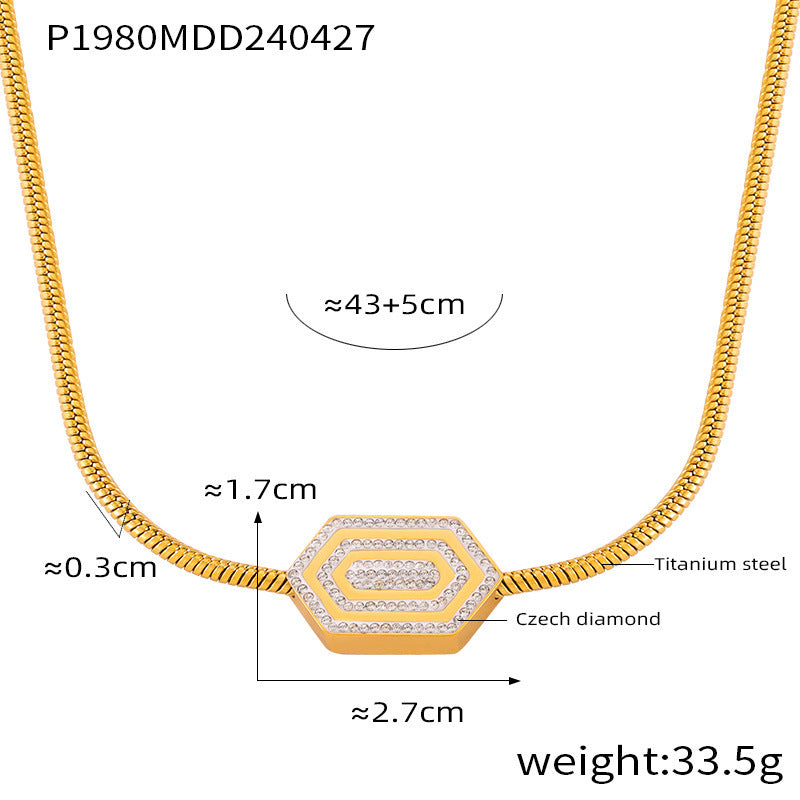 B廠-法式新款六邊形鑲鑽鈦鋼鍍18K金項鍊時尚簡約設計幾何吊墜套裝女「P1980-E070」24.05-1