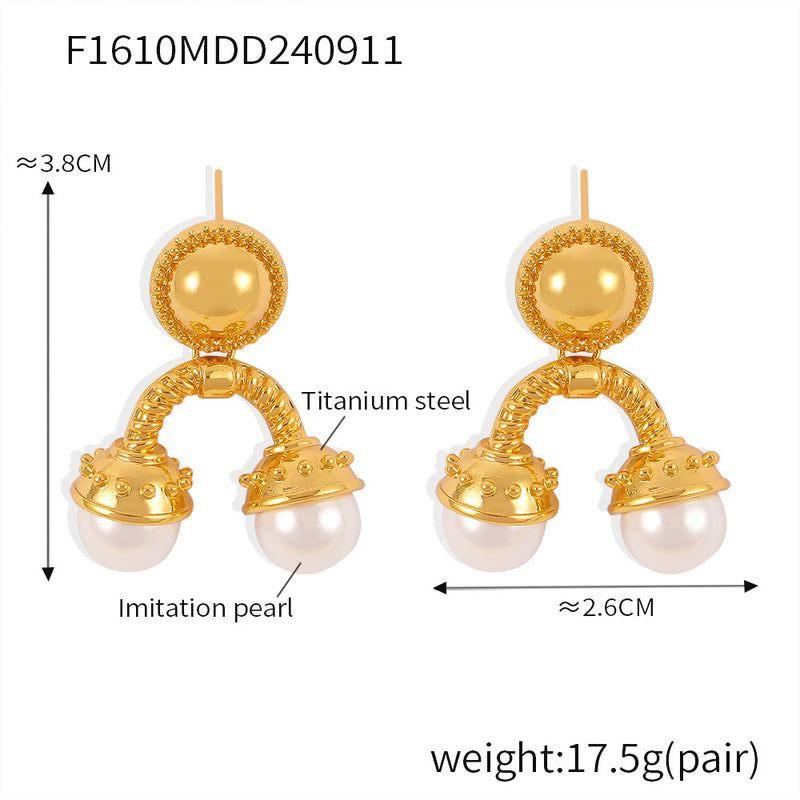 B廠-復古宮廷風幾何倒U型仿珍珠耳釘ins風百搭耳環女個性設計鈦鋼耳飾「F1610」24.09-3