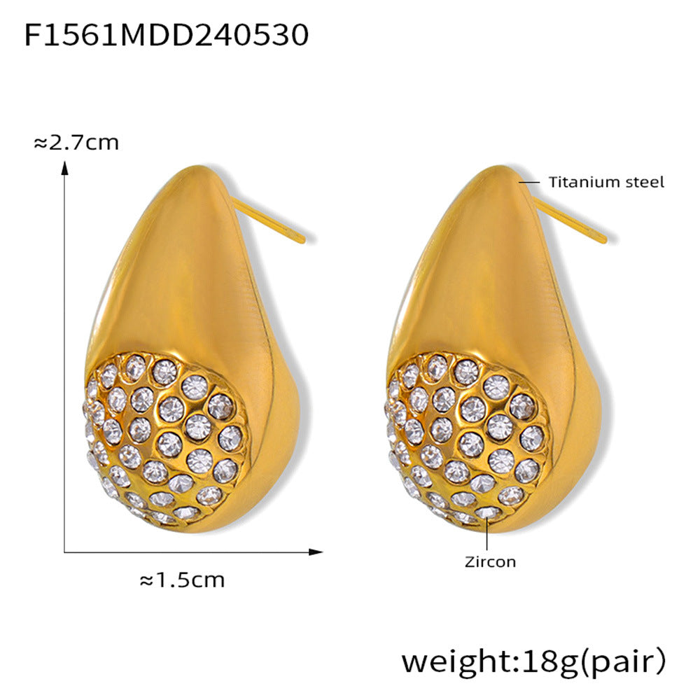 B廠-水滴形滿鑽鑲嵌鋯石耳釘耳環不鏽鋼PVD電鍍18K真金耳飾組合「F145」25.01-1