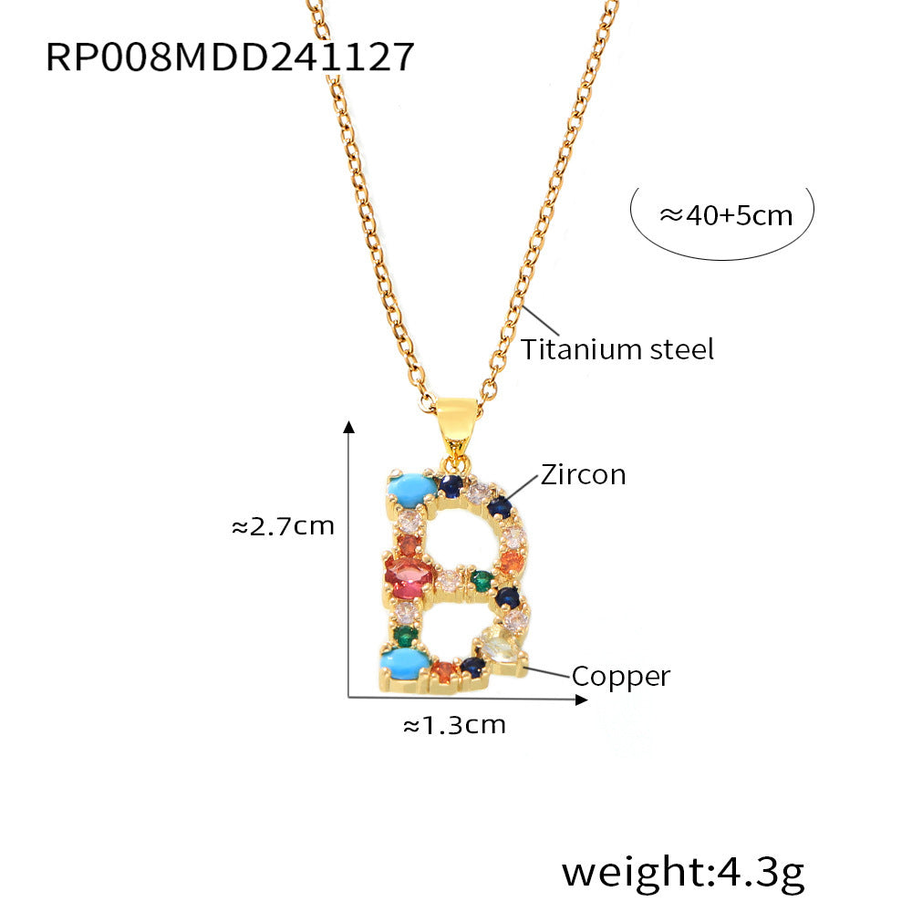 B廠-歐美跨境銅微鑲彩色鋯石26個英文字母個性吊墜小眾嘻哈鎖骨鏈現貨「RP008」24.12-2