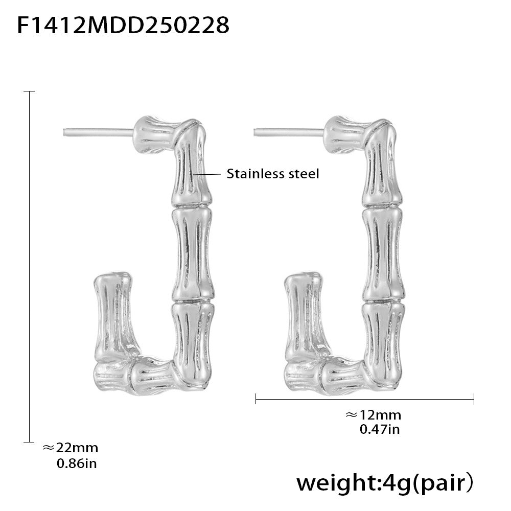 B廠-U型竹節長方形歐美風耳環不鏽鋼鍍18K真金不掉色耳釘耳飾「F1412」25.03-1