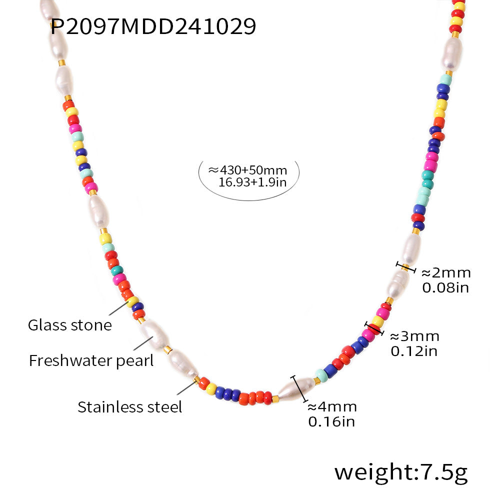 B廠-手工編織波西米亞風玻璃石淡水珍珠多彩串珠民族風氣質項鍊「P2097」24.11-1