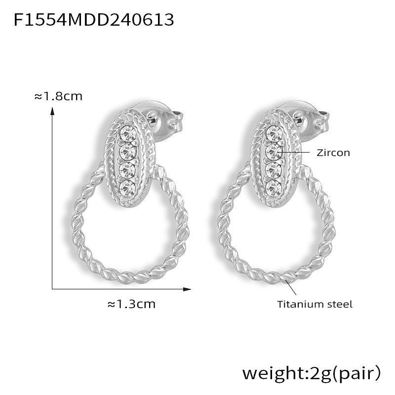 B廠-時尚氣質設計法式麻花鑲鋯石耳釘復古幾何鈦鋼鍍金耳環不褪色耳飾「F1554」24.06-3