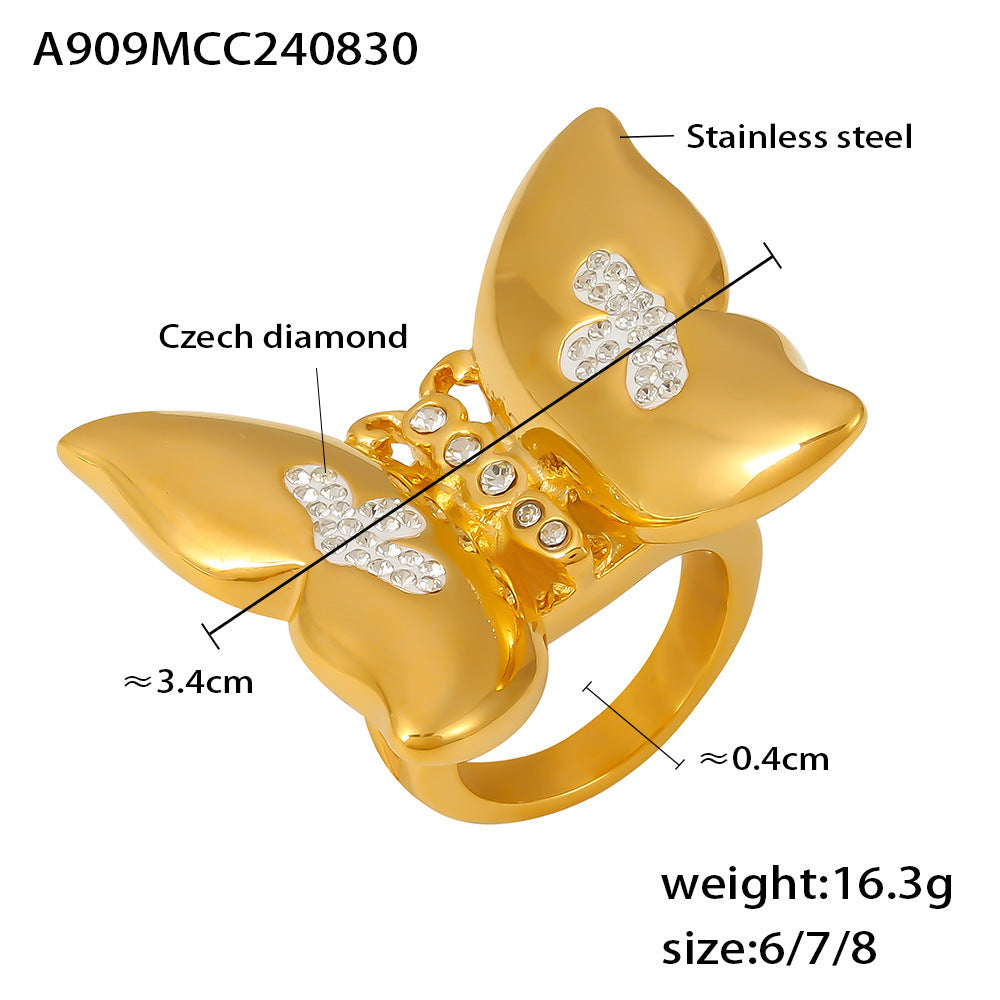 B廠-歐美跨境粘鑽蝴蝶花戒指時髦氣質不鏽鋼新款熱銷飾品保色ring批發「A909」24.09-1