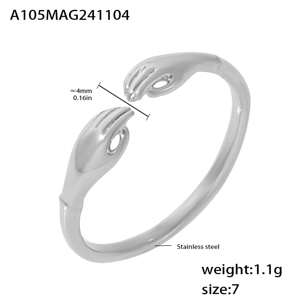 B廠-歐美ins雙手溫暖擁抱不鏽鋼開口可調節戒指PVD鍍真金食指戒「A105」24.11-2