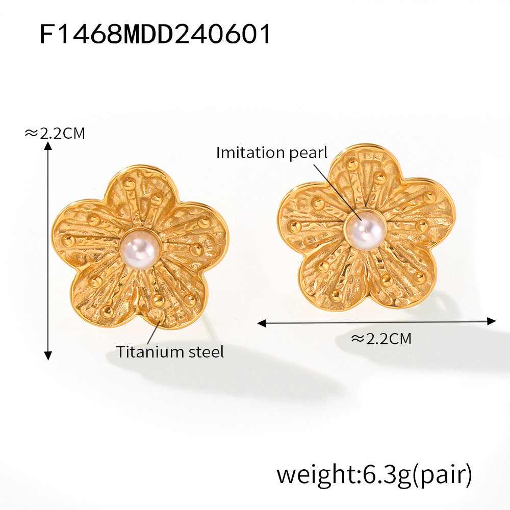 B廠-紋理花瓣花朵鑲嵌貝珠耳釘不鏽鋼電鍍18K真金耳環耳飾組合「F600」24.12-4