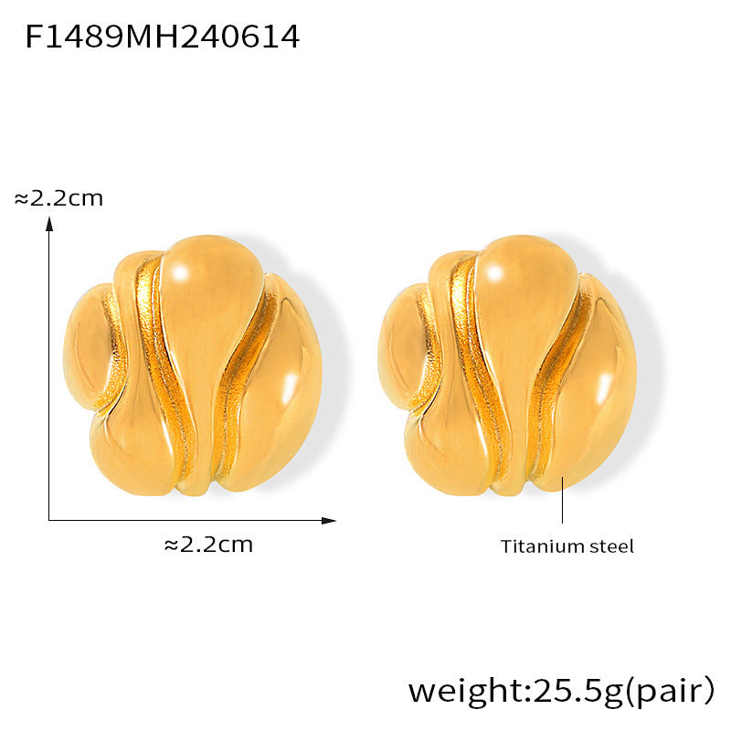 B廠-歐美誇張幾何不規則圓耳釘凹凸紋理鍍18k金耳環INS風鈦鋼保色耳飾「F1489」24.06-3