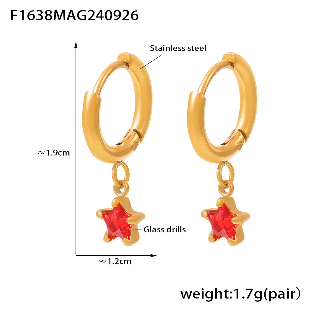 B廠-跨境熱銷多彩玻璃鑽五角星耳墜 鍍18K真金歐美小眾不鏽鋼穿孔耳環「F1638」24.10-1
