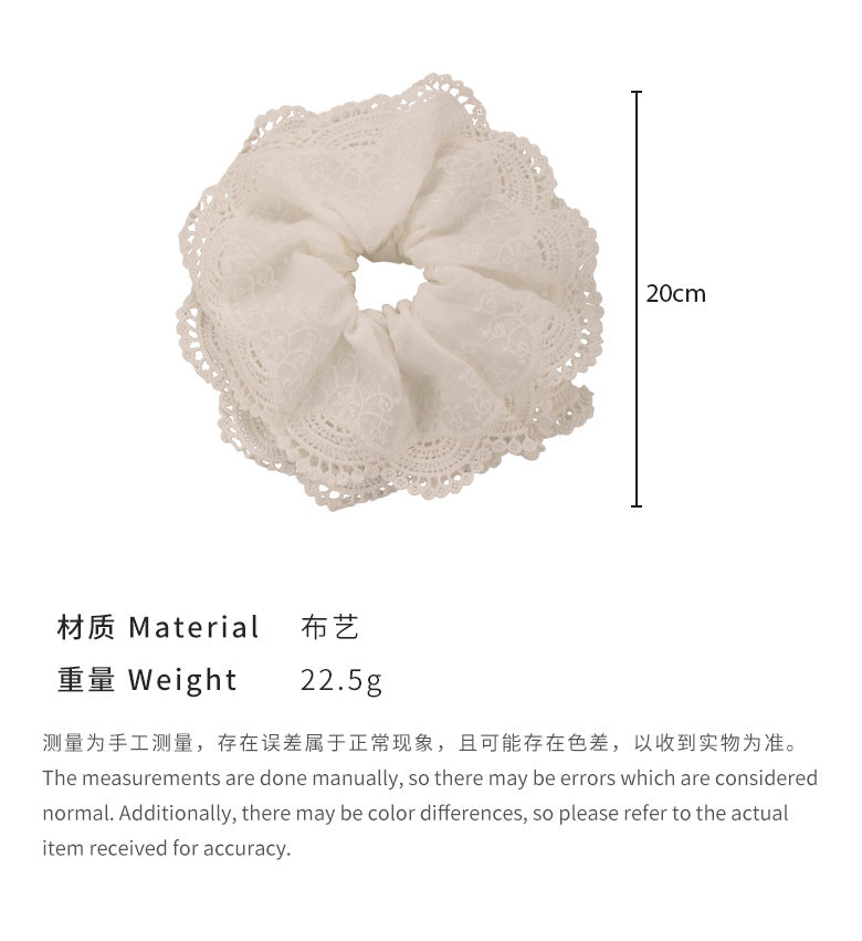 E廠-韓系溫柔白色蕾絲花邊大腸髮圈法式重工多層大號刺繡頭繩髮飾頭花「25215」24.04-2