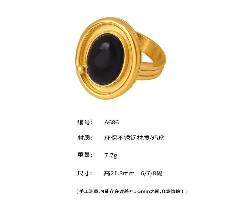 B廠-不鏽鋼橢圓黑瑪瑙戒指輕奢感指環鈦鋼18K金手飾品跨境rings「A686」25.03-1