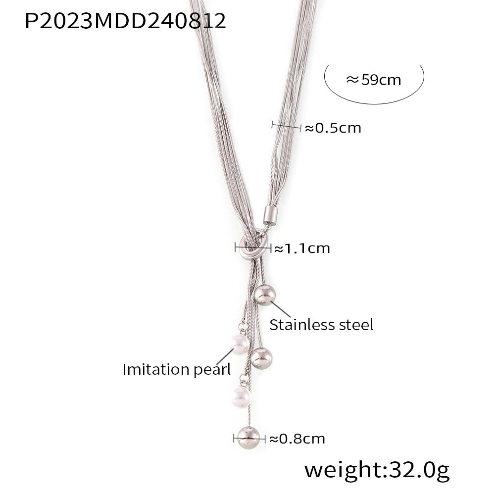 B廠-歐美熱銷多層線流蘇仿珍珠吊墜項鍊OT扣可抽拉不鏽鋼冷淡風首飾品「P2023」24.08-3