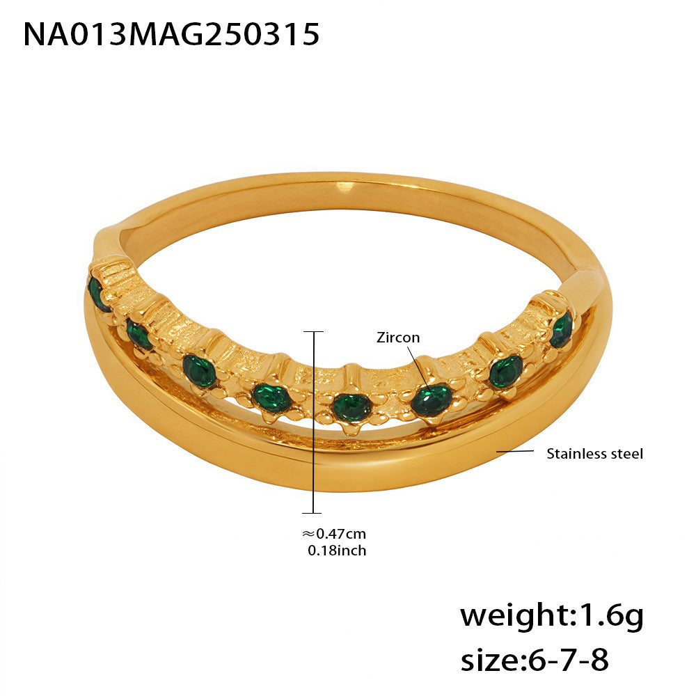 B廠-不鏽鋼綠鋯石雙層戒指尾戒歐美風輕奢感氣質不掉色飾品批發「A013」25.03-3