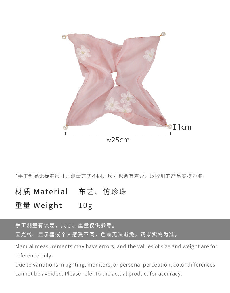 E廠-時尚百搭盤髮馬尾髮繩純色刺繡花朵吊珍珠方形大腸圈髮圈皮筋髮飾「26558」25.02-3