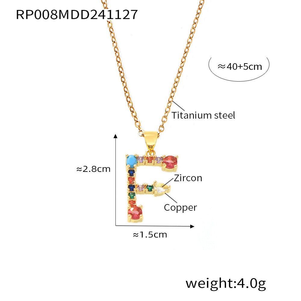 B廠-歐美跨境銅微鑲彩色鋯石26個英文字母個性吊墜小眾嘻哈鎖骨鏈現貨「RP008」24.12-2