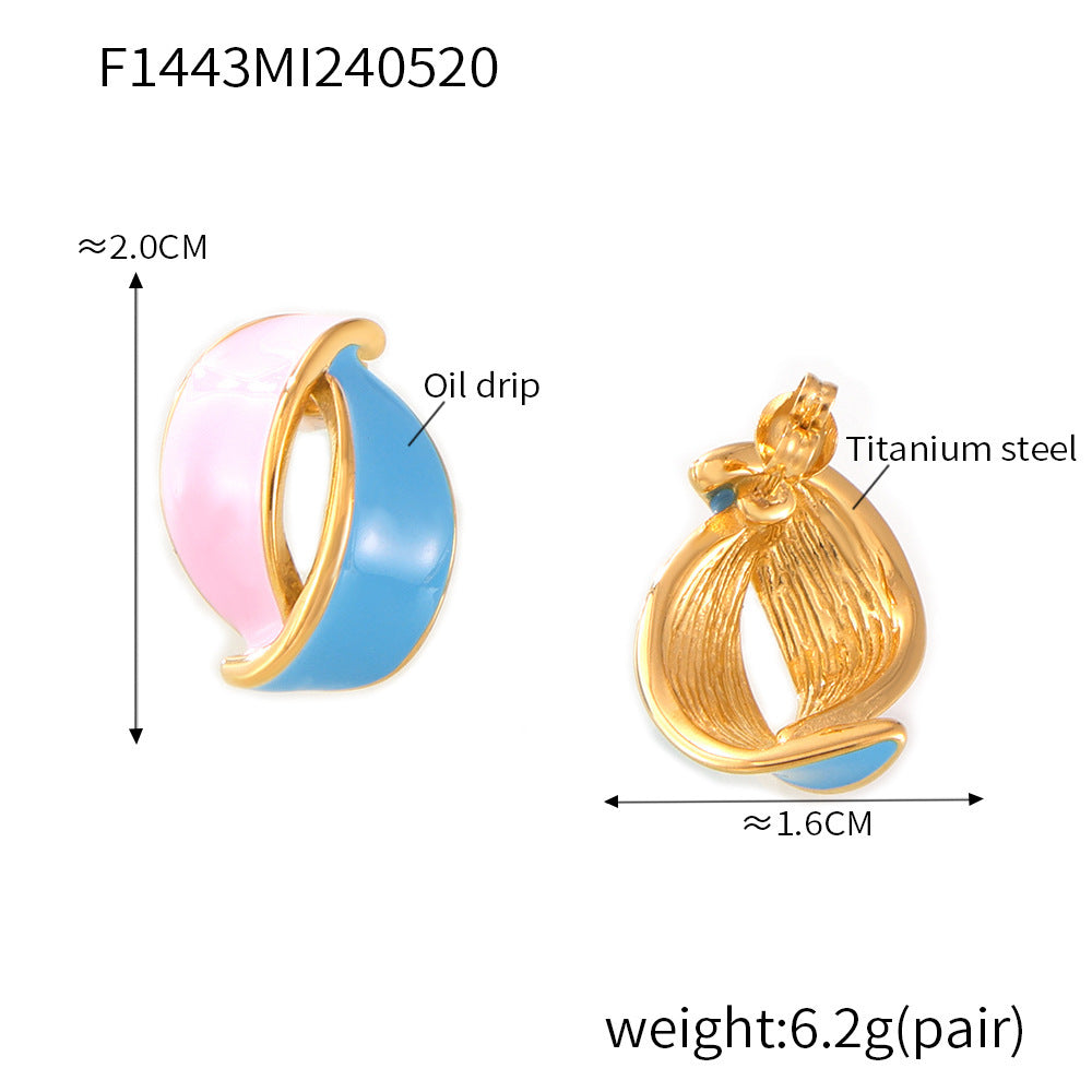 B廠-韓國滴油鈦鋼耳環簡約設計幾何立體撞色葉子耳釘法式復古莫蘭迪色「F1443」24.05-4