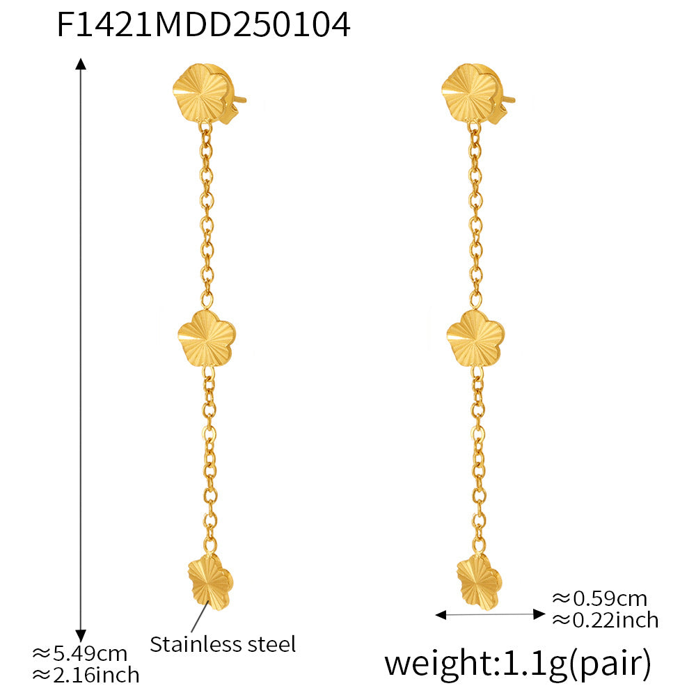 B廠-小花朵鎖骨鏈流蘇耳環套裝不鏽鋼PVD鍍18K真金氣質時尚首飾「P1976-F1421」25.03-2