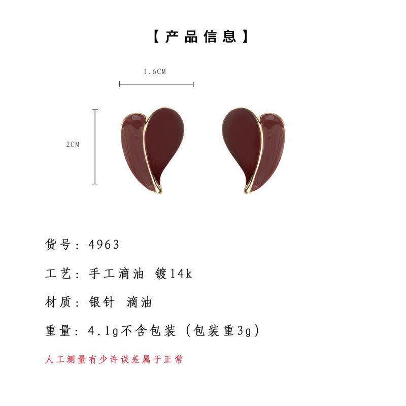 A廠-安可拉紅琺瑯滴釉鍍14K酒紅色愛心耳環925銀針港風耳飾工廠飾品女「4963」24.10-4