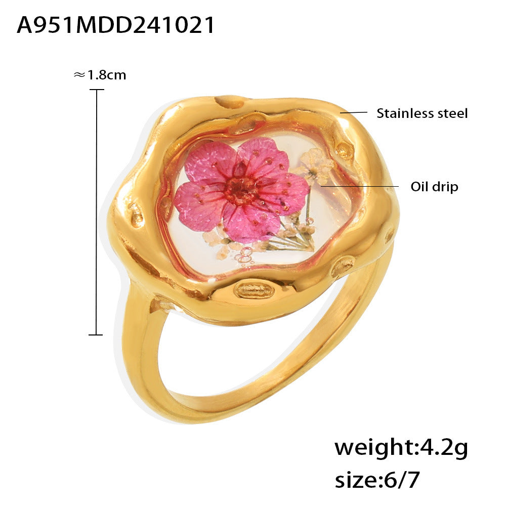 B廠-唯美小眾滴油乾花戒指輕奢感冷淡風植物花卉不鏽鋼食指戒女「A951」24.10-4