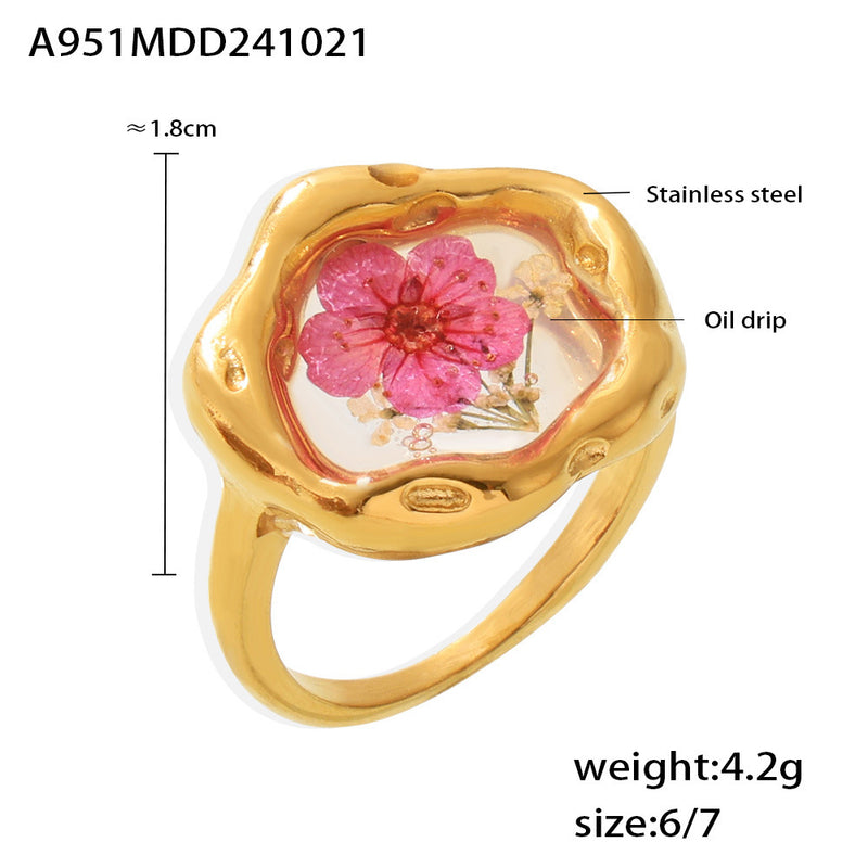 B廠-唯美小眾滴油乾花戒指輕奢感冷淡風植物花卉不鏽鋼食指戒女「A951」24.10-4