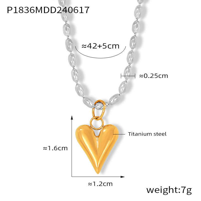 B廠-歐美ins輕奢小眾設計愛心米珠項鍊時尚氣質百搭鈦鋼鍍18k金鎖骨鏈「P1836」24.06-3