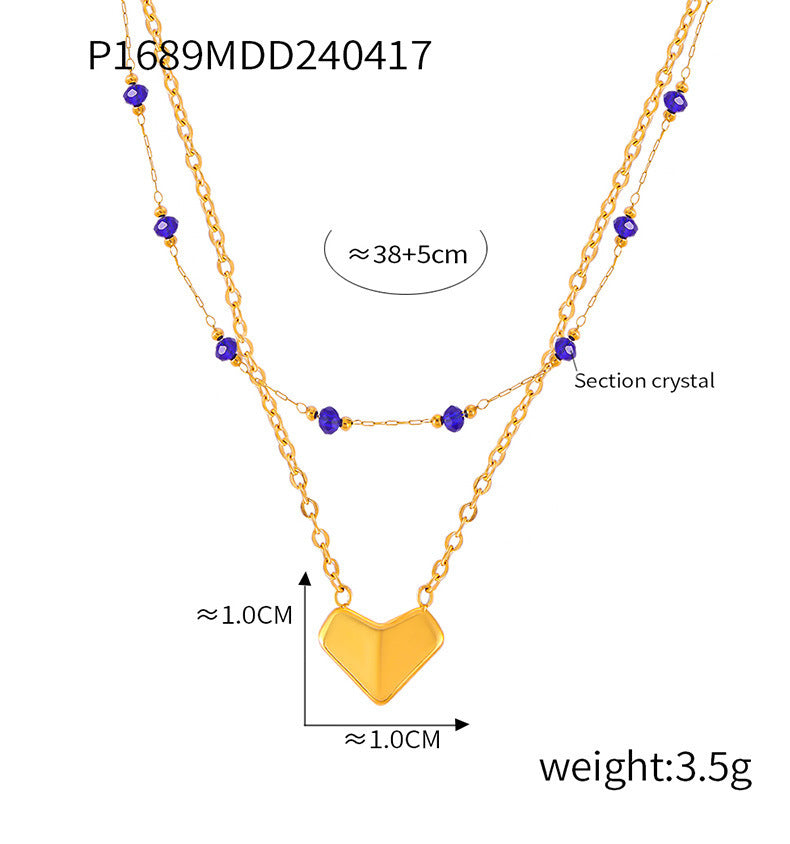 B廠-歐美跨境飾品設計感愛心吊墜雙層鈦鋼頸鏈辣妹簡約幾何水晶項鍊女「P1689」24.04-4