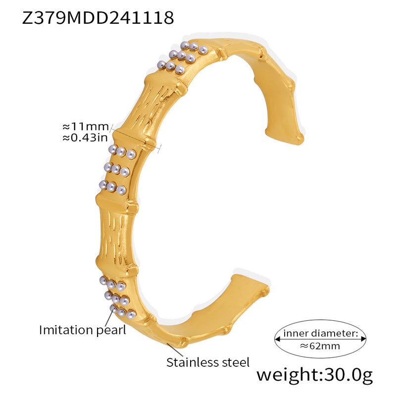 B廠-歐美竹節鑲嵌貝珠創意氣質手鐲輕奢開口不鏽鋼鍍18k金鐲子「Z379」24.11-4